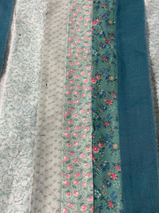 Set of 9 pieced quilt strips /4green floral,1 solid green in 7″ x 43″ strips