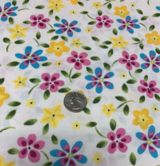 OOP Floral Fabric Pink Yellow Green Fuchsia Turquoise Blue On White Cotton 1+Yds