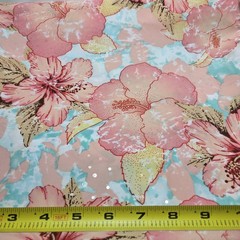 Jo-Ann Fabrics 2-7/8yd+ Peach Color Hibiscus Fabric Blue Sequin Beach Boho