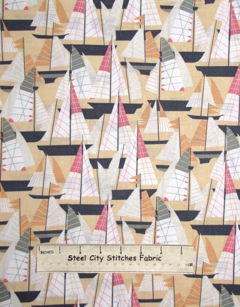 Nautical Sail Boat Cream Fabric By the Yard Cotton Benartex Cabana C5979