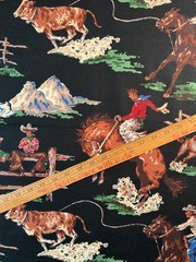 Fabric – Rare Vintage “ROUNDUP” Cowboy By MODA BARKCLOTH Black BTY 36” L x 54″ W