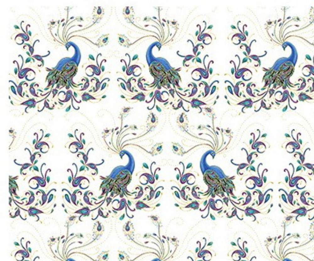 BERNARTEX FABRIC- PEACOCK FLOURISH PRINT ON WHITE – 1 1/2 YDS