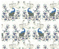 BERNARTEX FABRIC- PEACOCK FLOURISH PRINT ON WHITE – 1 1/2 YDS
