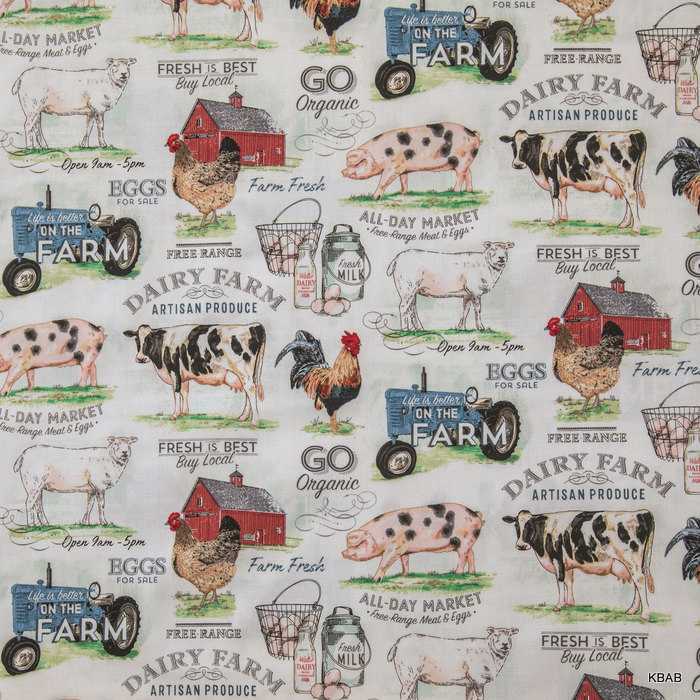 Dairy Farm Animal Fabric Cow Rooster Pig Farmer Tractor Barnyard Cotton Material