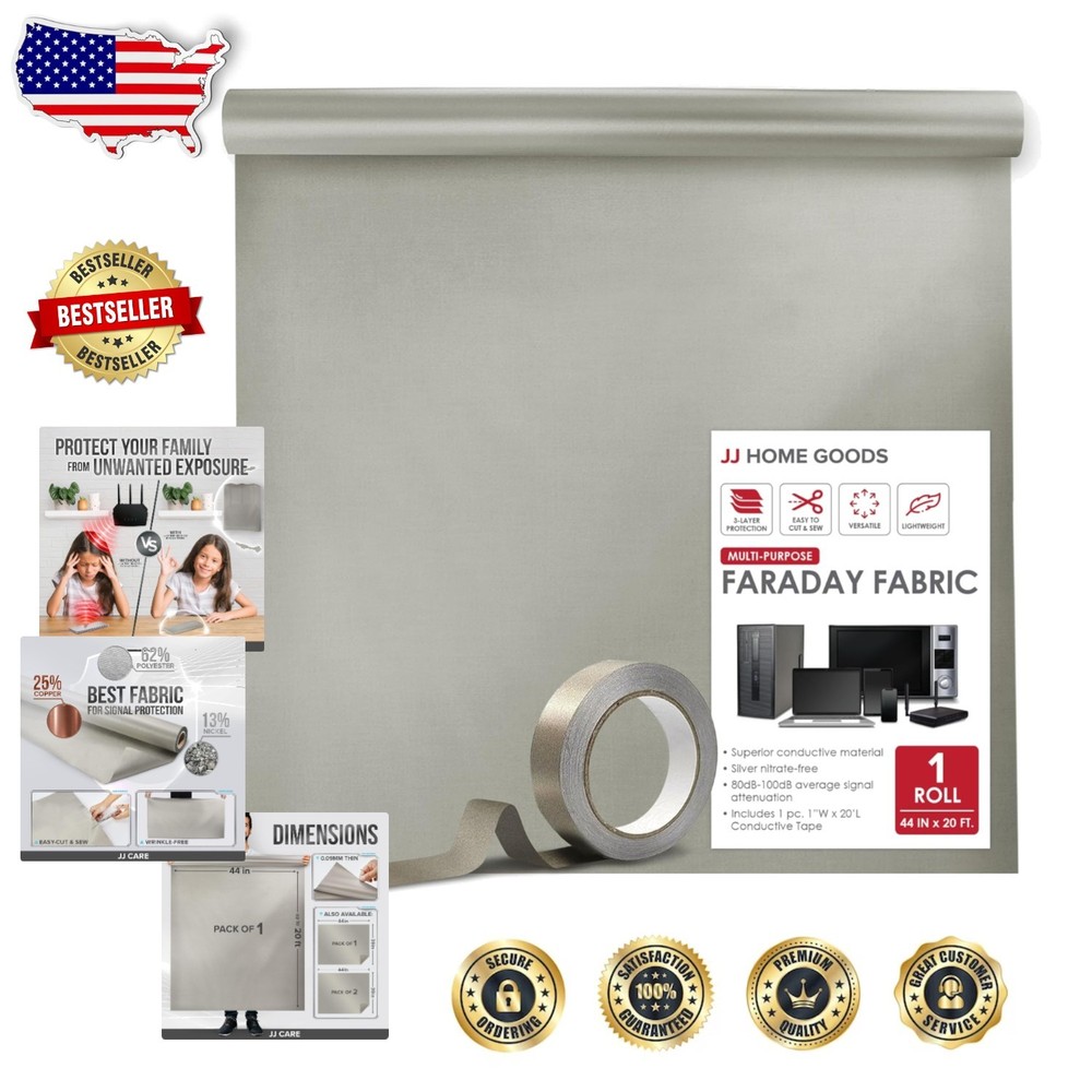 Military Grade Faraday Fabric 44″x20ft + Tape – Superior Signal Shielding Cloth