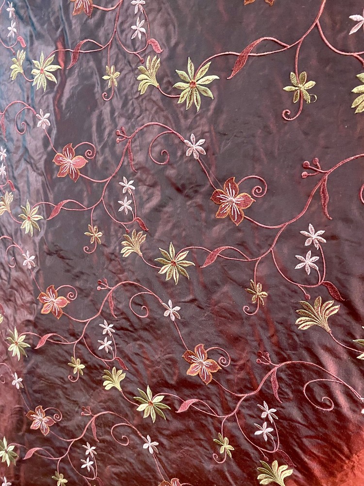 10yd piece 100% SILK FLORAL EMBROIDERED SILK DRAPERY UPHOLSTERY FABRIC Burgundy