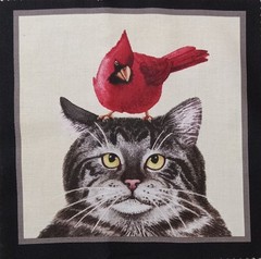 Elizabeth’s Studio~”Kitty Cat & Cardinal”~Cotton Fabric Panel ~ 6.75″x6.75″