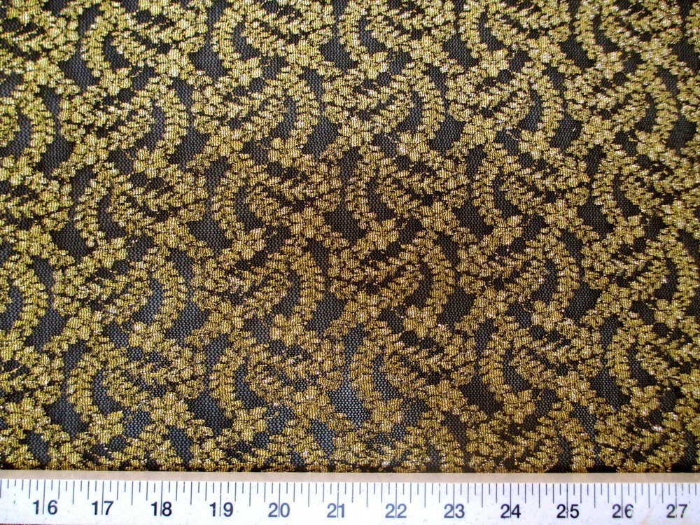 Discount Fabric Stretch Lace Black Metallic Gold Floral LC100