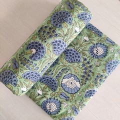Green and Blue hand Block printed Cotton Fabric By The Yard Cushions Duvet Cover