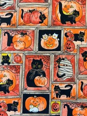 Vtg 90s Halloween Fabric Black Cat Pumpkin Box Grid Cotton by the HALF YARD