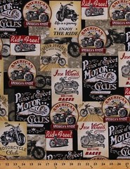 FAT QUARTER (18″ x 22″) Cotton Motorcycles Vintage-look Bikers Fabric M415.21