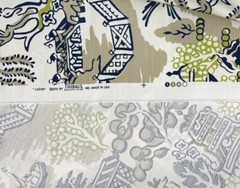 THIBAUT LUZON NAVY BLUE ON BEIGE ASIAN TOILE MULTIUSE LINEN FABRIC BY YARD 54″W