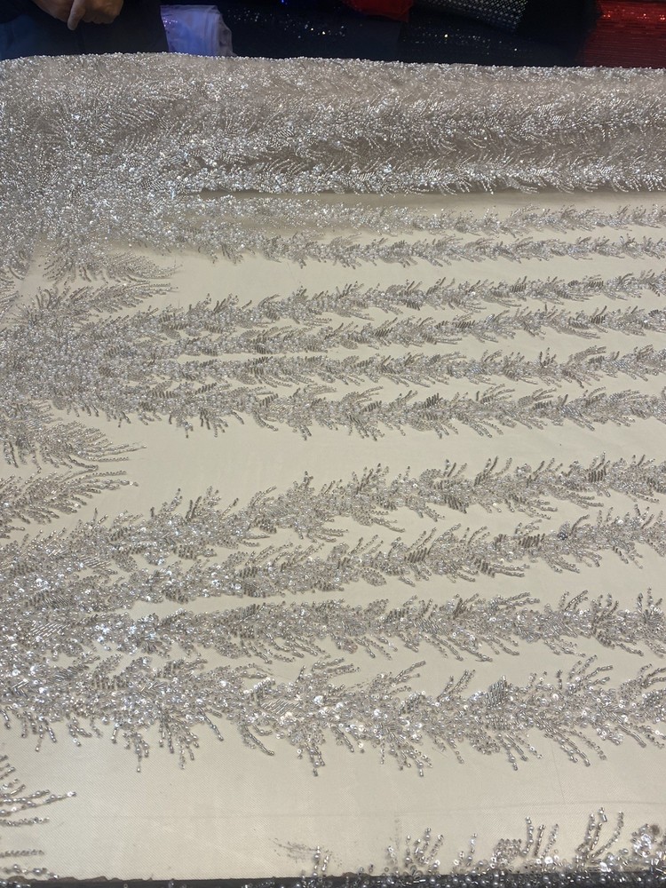 Ivory Celestial Fern Beaded Lace Fabric – Crystal Embroidered Tulle Prom Fabric