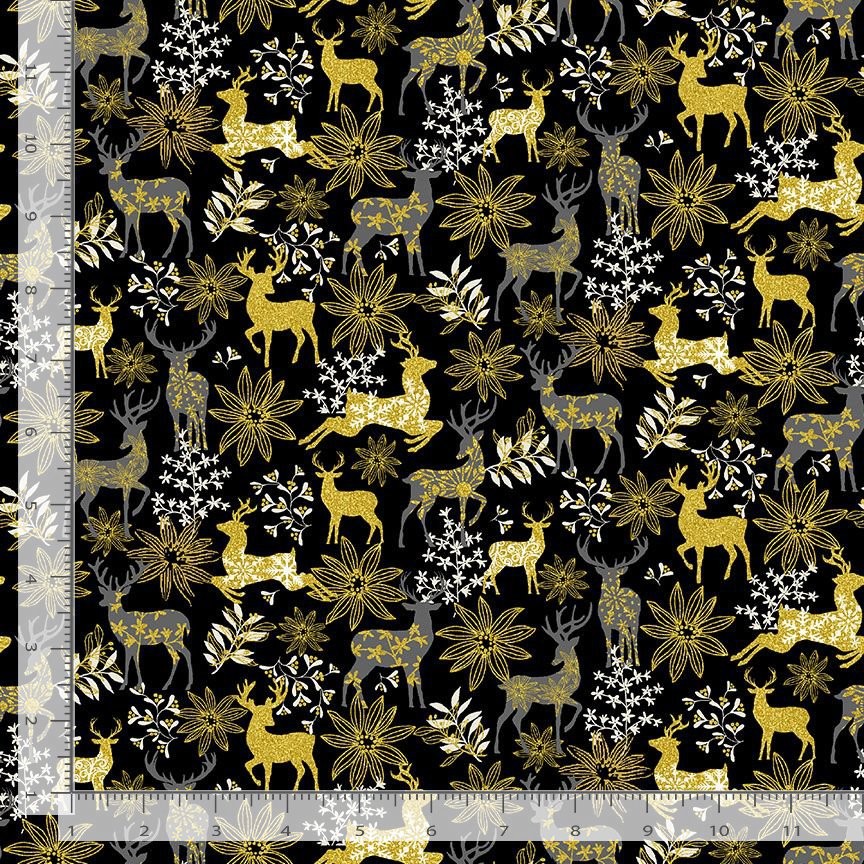 Merry Christmas Fabric | Deer & Floral Black Metallic | Timeless Treasures YARD