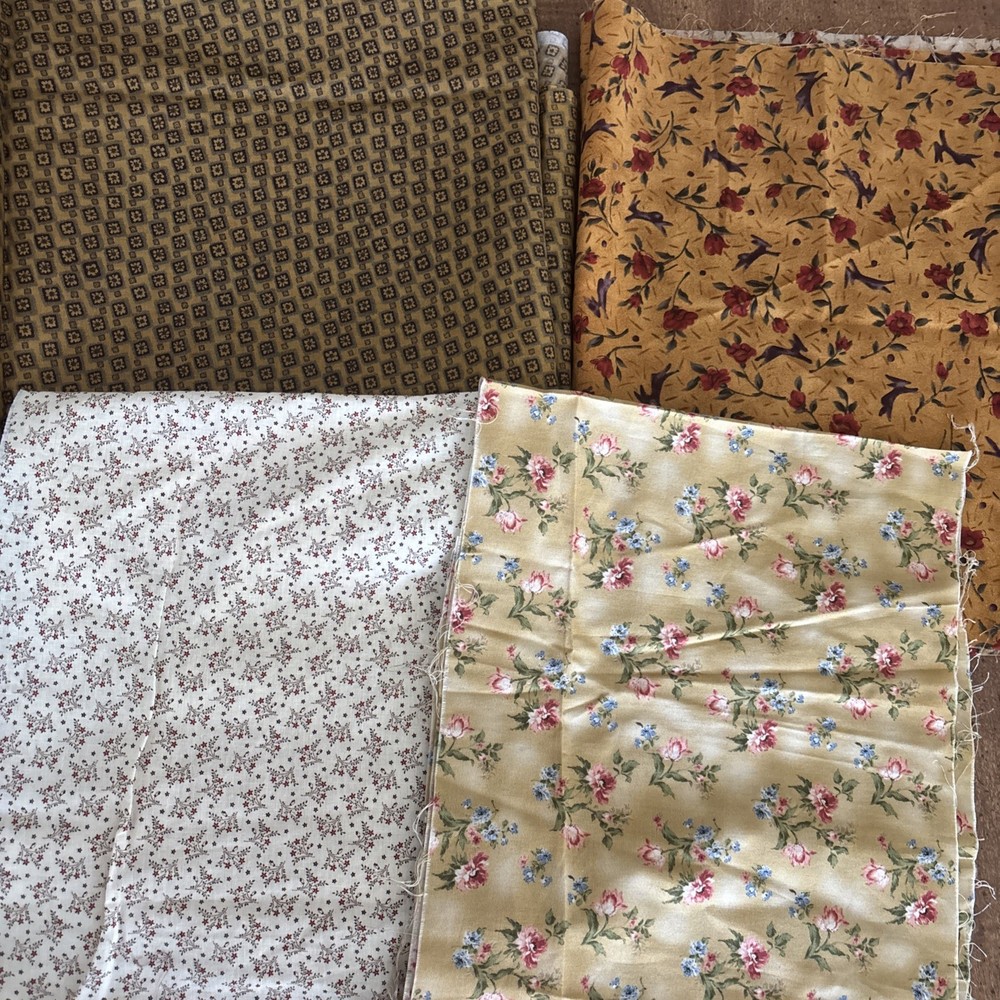 LOT 4 pieces tan bron print fabric One with bunnies 3 remnants 1