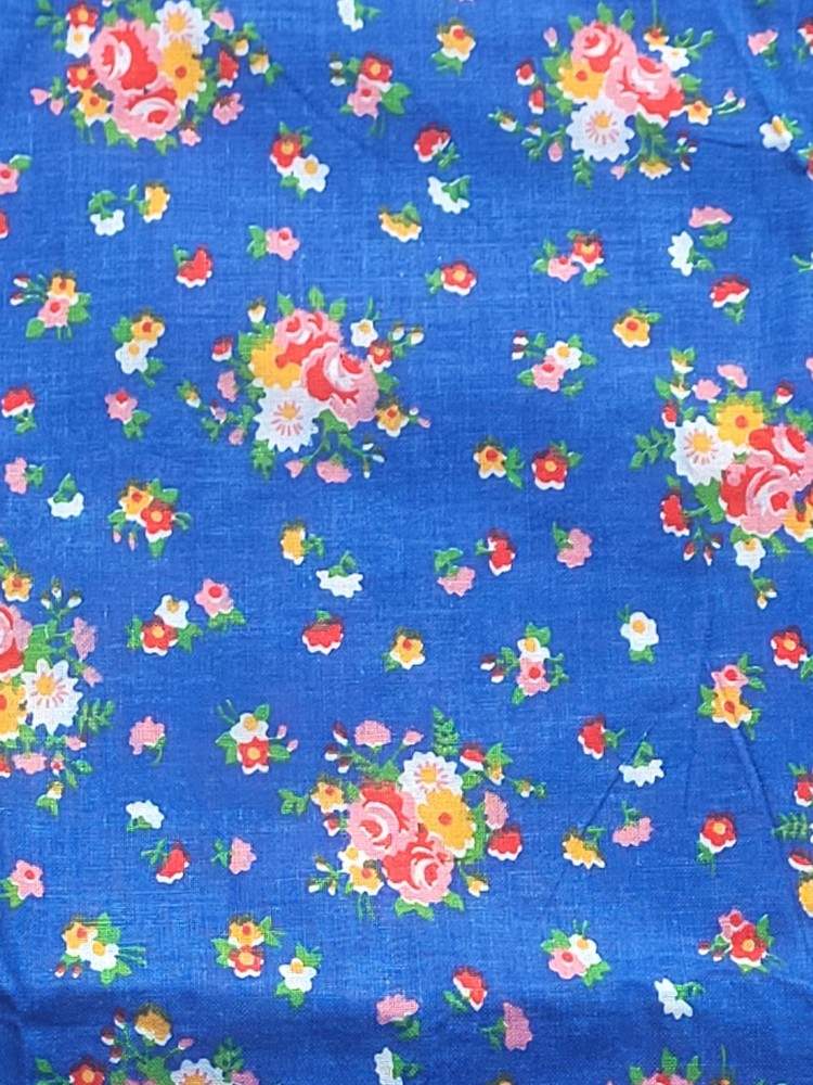 1 7/8 yds VTG Blue Pink Red Yellow White Green Flowers Cotton Fabric 36″ Wide