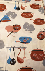 VTG Kitchen Fabric 4 Yds + 26″ Brandy Snifter Pot Pan Mortar Pestle Spoons Ladle