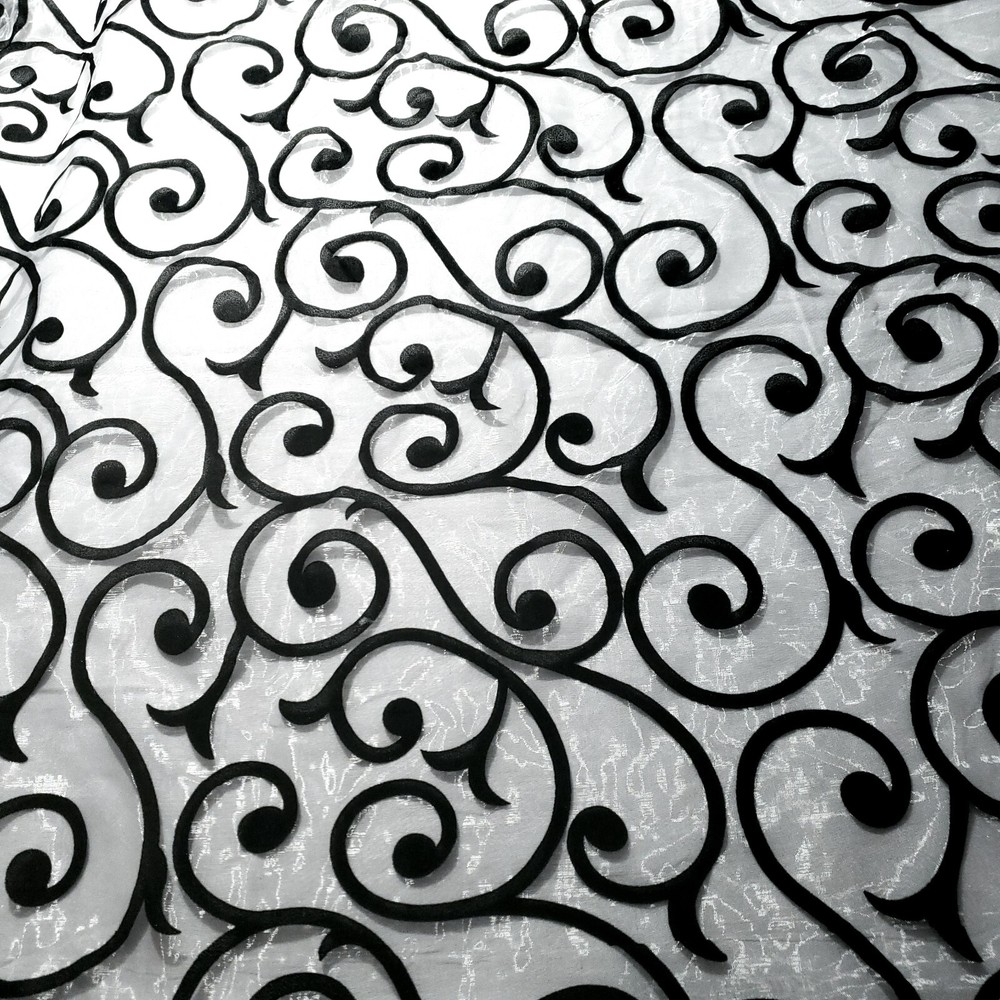 Elegant Black Swirls Filigree Vines Flocked Organza Fabric 58″ By The Yard