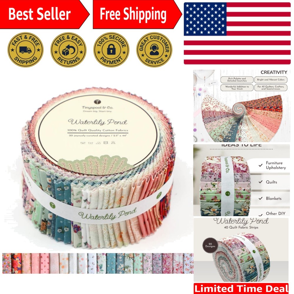 40 Precut Cotton Fabric Strips – Floral Waterlily Pond for Quilting & Crafts