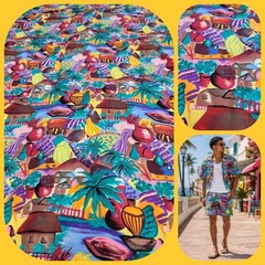 Vtg Tropical Village Fabric 3 Yds x 41″ Multicolor Novelty Craft Sewing/Rayon?