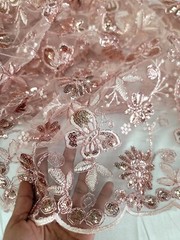 Blush Pink Embroidered Lace Butterflies Sequins Fabric By Yard Quinceañera