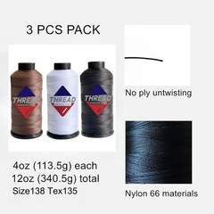 Sissewpro 3PCS Bonded Nylon T135 #138 420D/3 4oz, 1xWhite+1xBlack+1xBrown