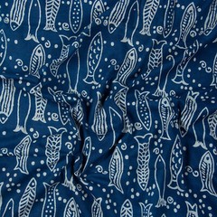 Indigo Fish Print Fabric Cotton Hand Block Summer Dressmaking Fabric By The Yard
