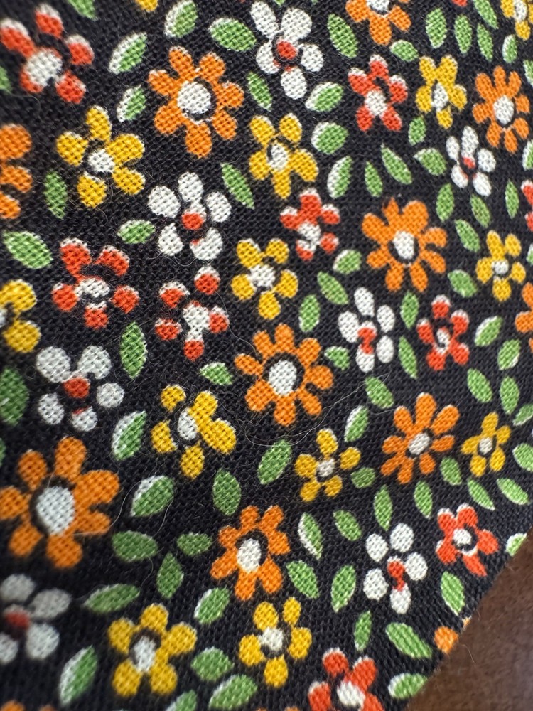 VTG 70s Orange Red Green White on Black Ditsy Florals COTTON FABRIC quilt dolly