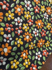 VTG 70s Orange Red Green White on Black Ditsy Florals COTTON FABRIC quilt dolly