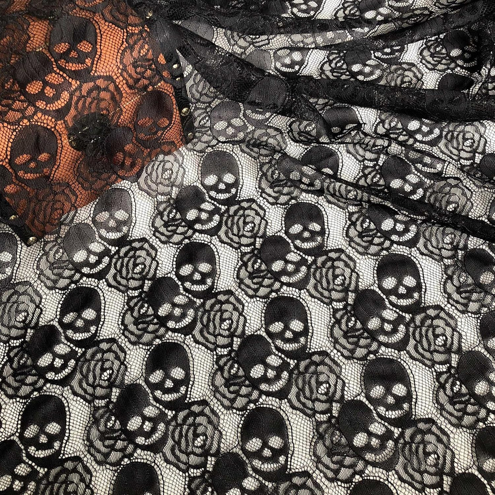 60“ Wide *36″ Long Lace Fabric, 1 Yard Black Skull Pattern, Non-Stretchy Nylo…