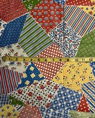 VTG 1970`s Feedsack Repro Patchwork Crazy Cheater Quilt Primary Colors 36″W BTFQ