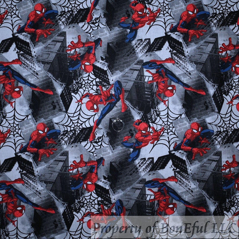 BonEful Fabric FQ Cotton Quilt B&W Gray Red Spiderman Super Hero City Spider Web