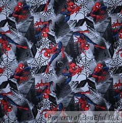 BonEful Fabric FQ Cotton Quilt B&W Gray Red Spiderman Super Hero City Spider Web