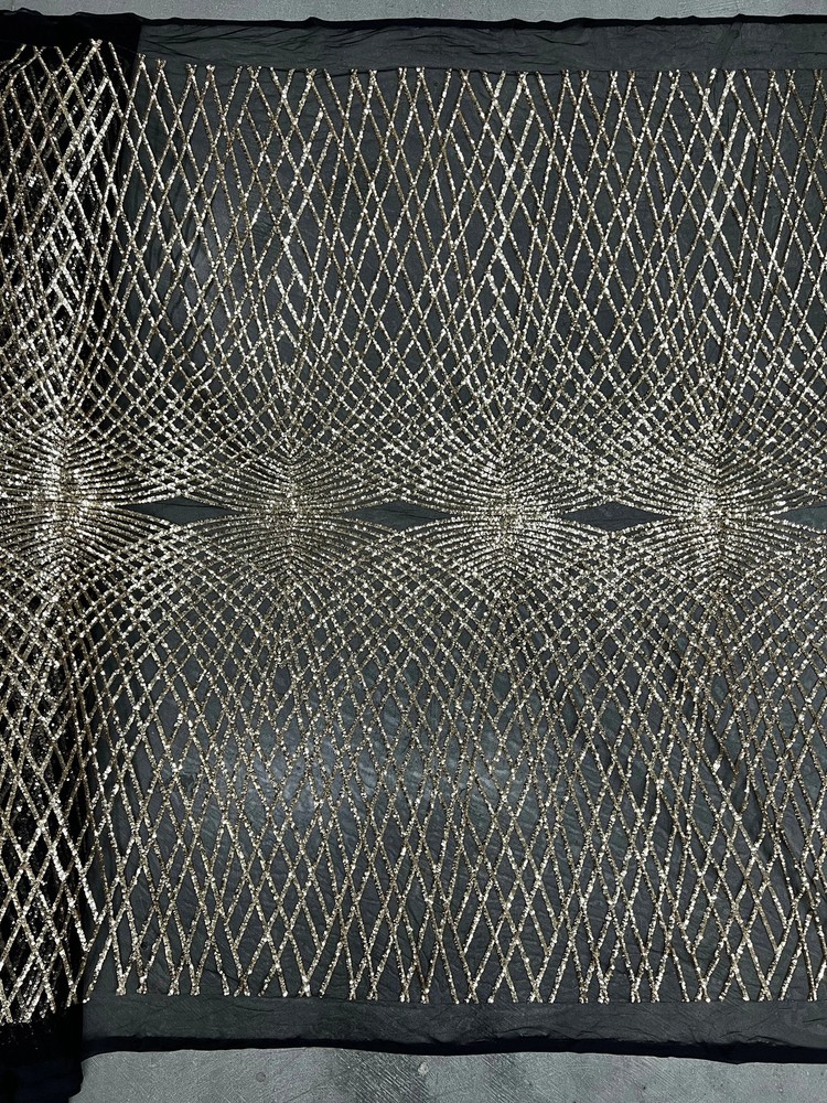 Jordyn GOLD Diamond Sequins on BLACK Mesh Lace Fabric by the Yard – 10008