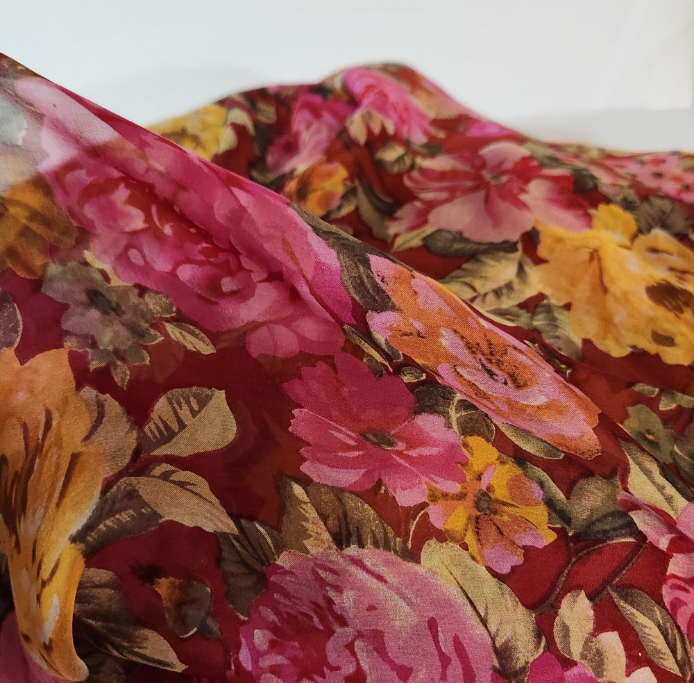 6 Yrds 52″ Silk Chiffon Fabric Floral Print Red Pink Yellow Roses Sheer Drapey