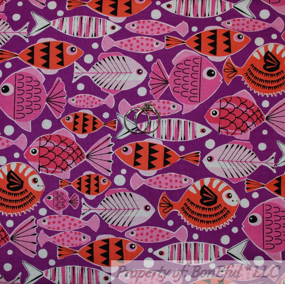 BonEful Fabric FQ Cotton Quilt Purple Pink White Black Orange Fish Bubble Stripe