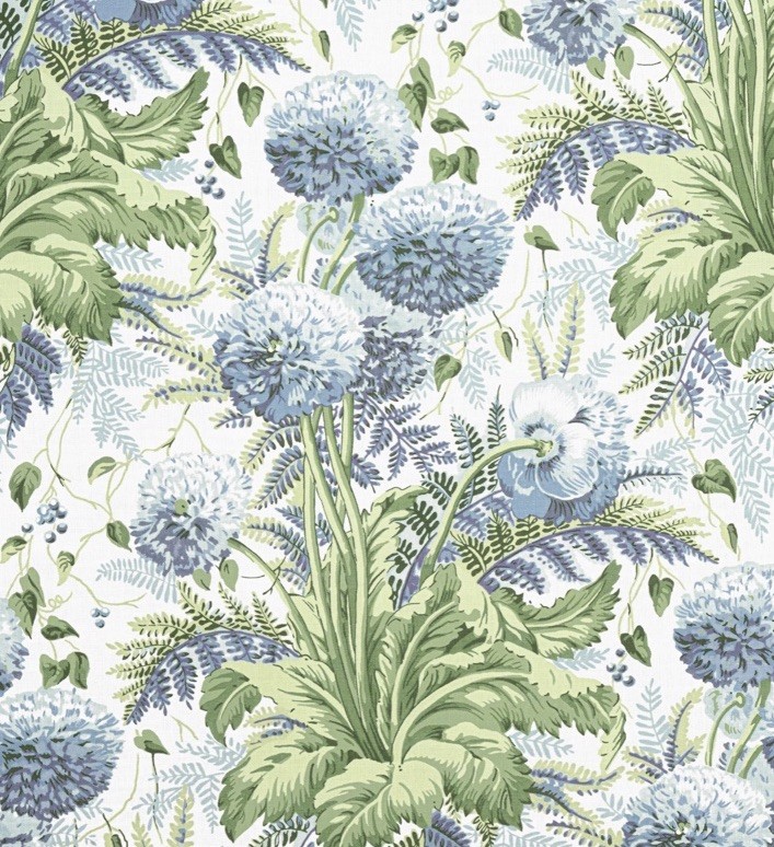 Thibaut/Anna French Curtain Fabric ‘DAHLIA’ 3.8 METRES SKY ON WHITE Linen Blend