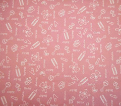 Nursery Fabric 1 1/8 Yard White Baby Rattles Bottles Booties on Pink Cotton Vtg