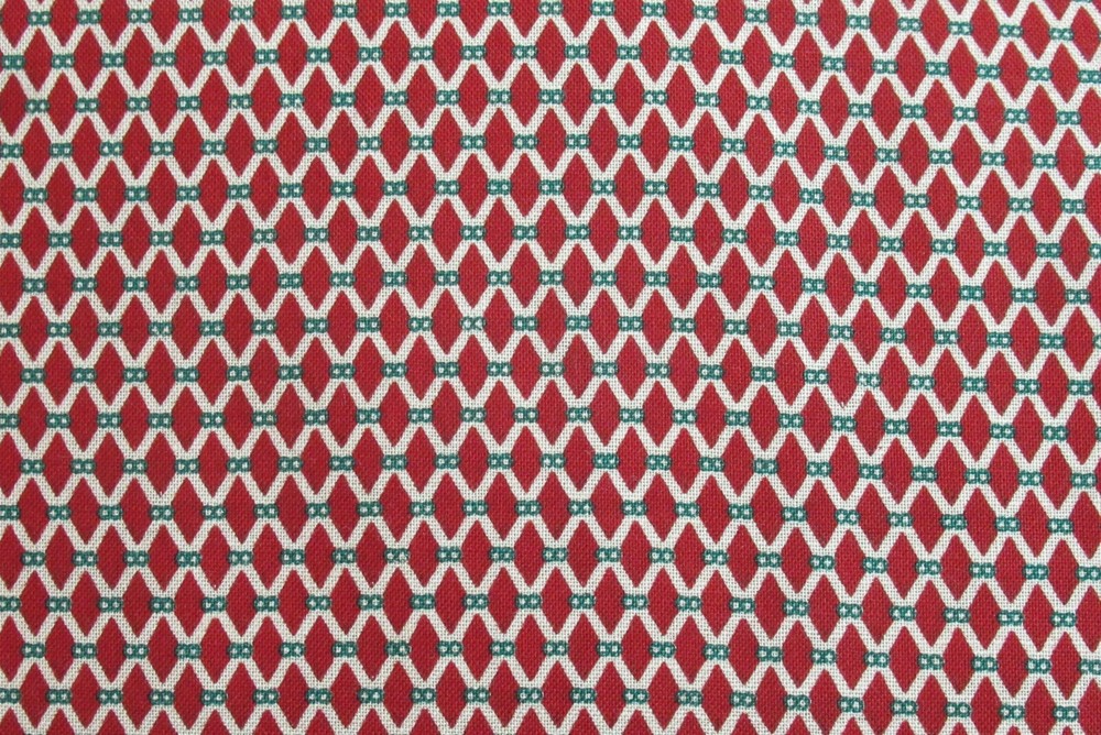Fabric 100% Cotton YARDAGE Dark Red Diamonds with Cream Green Circles at points