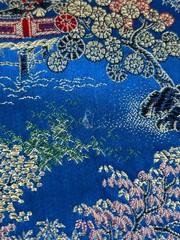 6yds Japanese Temple Courtyard Blue Silk Brocade Fabric Cherry Blossom Vtg READ!