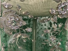 Green Gold Silver Embroidery Rhinestone Beads Lace Fabric 50” Width 1 Yard
