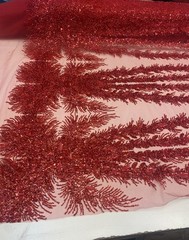 Red Celestial Fern Beaded Lace Fabric – Crystal Embroidered Tulle Prom Fabric