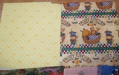 5 fabric lot cotton prints kitchen bear, yellow, forest, pink dolls, sailboats