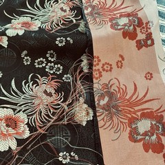 VTG Chinese Floral Brocade Fabric Black Background Shou Symbol Chrysanthemum 2yd
