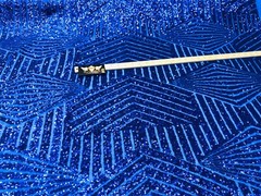 ROYAL BLUE GEOMETRIC DESIGN WITH SEQUIN ON A 4 WAY STRETCH MESH-