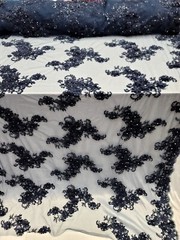 Navy Blue 3D Floral Embroidered With Rhinestones Mesh 3d Lace Fabric By The Yard