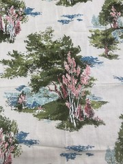 Mid-Century Landscape Pink Green Trees Blue Sky White Cotton Fabric 23″x36″ #55