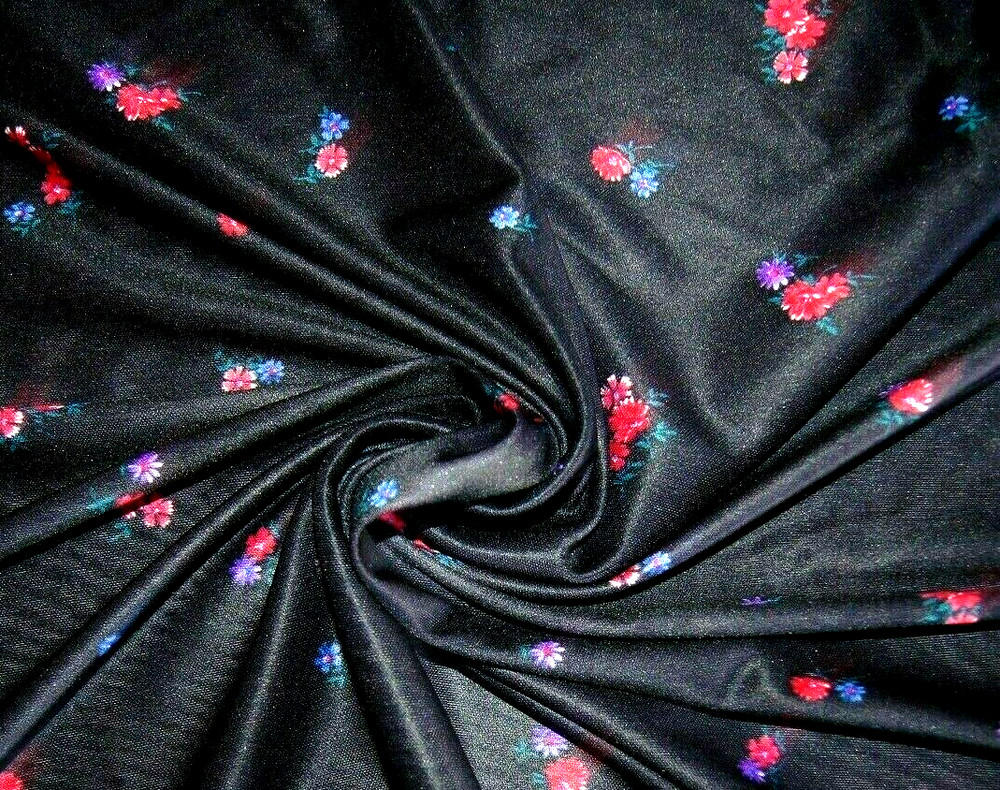 1 + Yard Red Blue Purple Flowers on Black Silky Poly- Knit Fabric 57″ X 60″