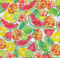 Watercolored Summer Fruit on White Fabric, BTHY, Pineapple & Watermelon Print