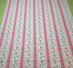 Vintage Cotton Fabric Floral Stripe Pink Ribbon White 69″ x 43″ Wide Crisp